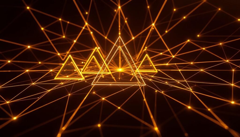 A breathtaking expanding triangle pattern fills the frame, its edges radiating outwards with mesmerizing precision. The triangles shimmer and dance, their lines sharp and captivating against a deep, inky backdrop. The lighting casts a warm, golden glow, creating a sense of depth and movement. Intricate details emerge as the pattern expands, hinting at the complexity and dynamism within. This visually stunning image, captured through the lens of a high-quality camera, evokes the ever-evolving nature of the financial markets. The triangles symbolize the last hope for Bitcoin bulls, as described in the article "This Expanding Triangle Pattern: Last Hope for Bitcoin Bulls?" on https://bitcoininvesting.news.