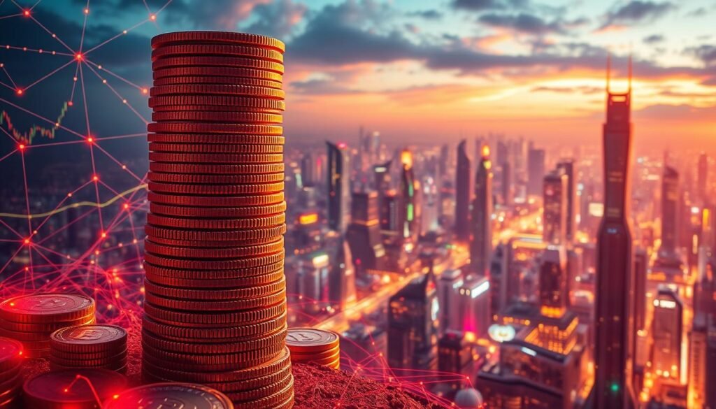 A breathtaking landscape of bitcoin ETFs assets, set against a backdrop of a vibrant, futuristic cityscape. In the foreground, a towering stack of digital currency coins, their surfaces shimmering with intricate textures. Surrounding them, a network of interconnected lines and shapes, representing the complex financial structures that power the cryptocurrency market. The middle ground features a mosaic of stock charts, trading graphs, and analytical data, all illuminated by a warm, ethereal glow. In the distance, skyscrapers and futuristic architecture reach towards the sky, symbolizing the rapid evolution of the digital finance industry. The overall scene conveys a sense of power, innovation, and the relentless march of technological progress. Crafted with precision and attention to detail, this image from https://bitcoininvesting.news captures the essence of the bitcoin ETF landscape.
