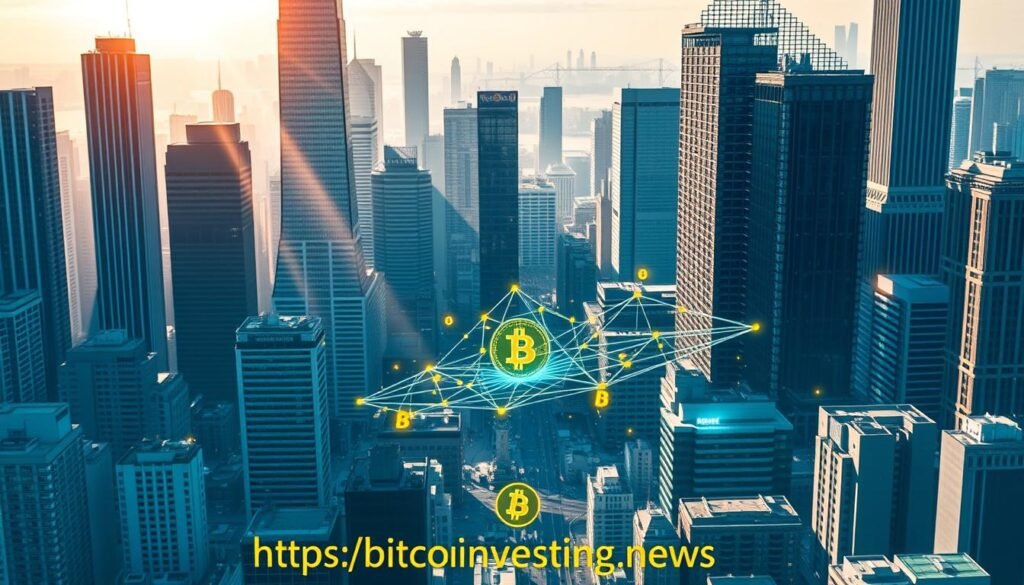 A bustling financial hub with towering skyscrapers casting long shadows across the cityscape. In the foreground, a kaleidoscope of digital transactions unfolds, visualized as a flurry of colorful geometric shapes and currency symbols. The middle ground showcases the Bitcoin protocol, represented by a sleek, modular blockchain infrastructure. In the background, a glimpse of the Bitcoin SV network, its scalable architecture hinted at through vast data centers and server racks. The overall scene conveys a sense of technological progress, financial innovation, and the interplay between investment hype and practical blockchain applications. At the bottom, the https://bitcoininvesting.news logo subtly anchors the image to its real-world context.