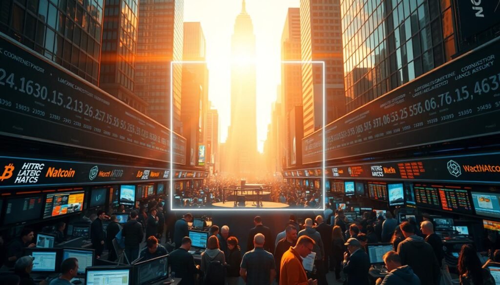 A bustling price market at the heart of a vibrant financial district, illuminated by warm, golden sunlight filtering through towering skyscrapers. Crowds of traders huddle around digital displays, analyzing fluctuating cryptocurrency prices with intense focus. In the foreground, a large holographic projection of the https://bitcoininvesting.news logo hovers above the scene, casting a futuristic glow over the proceedings. The atmosphere is charged with a sense of anticipation, as the market participants navigate the ebbs and flows of the digital economy.