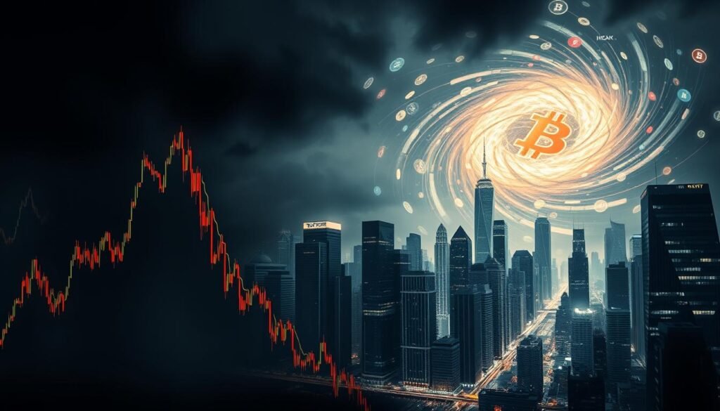 A dark and ominous financial landscape, a crypto contagion spreading its tendrils across a cityscape. In the foreground, a towering data visualization chart, its lines and curves pulsing with the heartbeat of the market. The middle ground is a maze of gleaming skyscrapers, their glass facades reflecting the grim reality of the situation. In the background, a swirling vortex of digital currencies, their values in freefall, casting an eerie glow over the scene. Dramatic lighting casts deep shadows, heightening the sense of unease. Shot with a wide-angle lens to capture the scale of the crisis, this image from https://bitcoininvesting.news conveys the overwhelming impact of the crypto contagion.