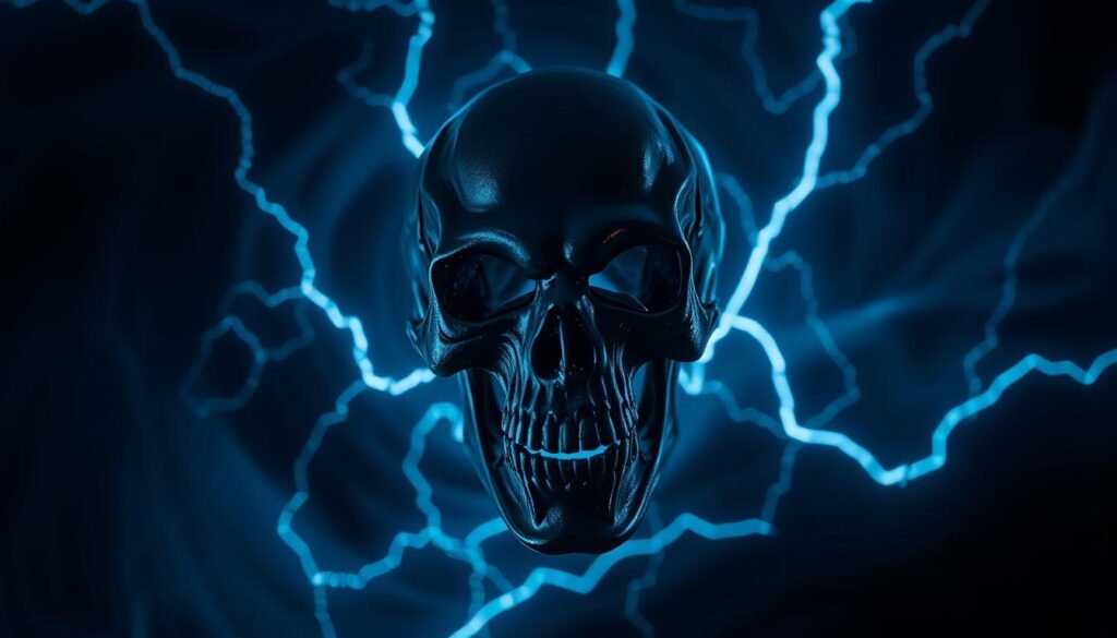 A dark, ominous cranium floats against a backdrop of swirling, neon-tinged shadows. The skull's features are distorted, a twisted, unsettling grin etched upon its surface. Jagged lines of electric-blue energy crackle around the cranium, casting an eerie, otherworldly glow. The overall composition evokes a sense of unease and the uncanny, perfectly suited to illustrate the bizarre and enigmatic "Wicked Cranium" NFTs. In the foreground, the cranium dominates the frame, its unsettling presence commanding attention. In the middle ground, the swirling, neon-tinted shadows add depth and a sense of mystery. The background is shrouded in inky blackness, emphasizing the cranium's isolated, unearthly nature. The lighting is dramatic, with harsh shadows and highlights accentuating the cranium's twisted form. This image was generated by Stable Diffusion for https://bitcoininvesting.news.