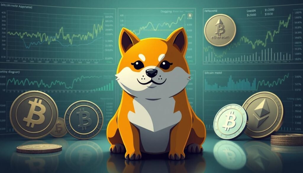 A detailed analysis of Dogecoin, set against a backdrop of other major cryptocurrencies. A sleek, minimalist composition with Dogecoin's iconic Shiba Inu mascot at the center, flanked by charts, graphs, and data visualizations that highlight Dogecoin's performance, market trends, and comparisons to Bitcoin, Ethereum, and other altcoins. The scene is bathed in a cool, sophisticated color palette, with subtle lighting that casts a sense of depth and dynamism. The overall mood is one of informed, data-driven insights, as if viewed through the lens of bitcoininvesting.news.