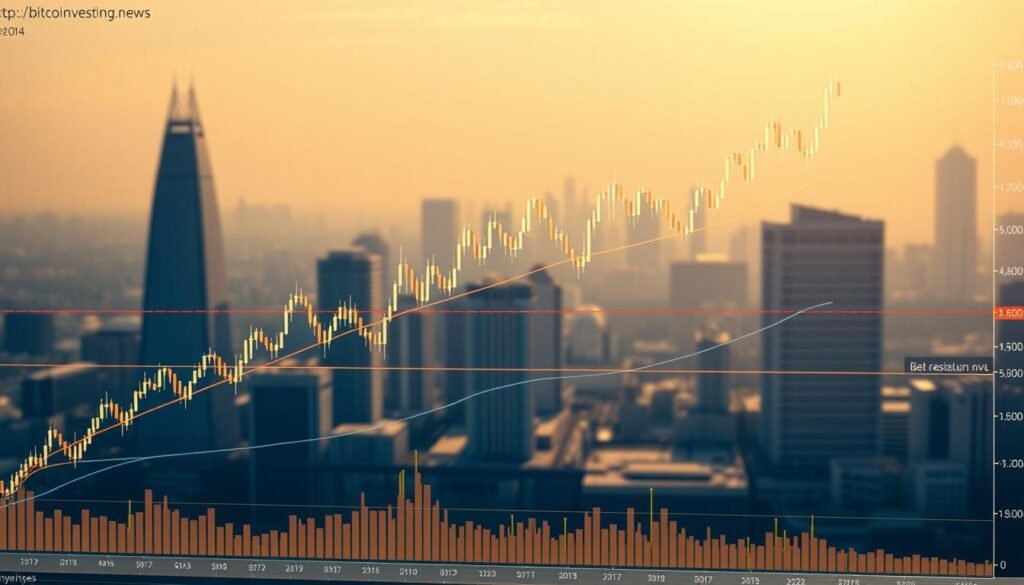 A detailed and technical daily chart of Cardano ADA, showcasing a significant bullish wave. In the foreground, a sleek and intricate line graph depicting the asset's price movements, rendered in vivid shades of blue and gold. The middle ground features various technical indicators and support/resistance levels, visualized with clean geometric shapes and precise data points. In the background, a minimalist yet striking cityscape, hinting at the broader financial landscape. The lighting is warm and soft, creating a sense of clarity and confidence. Captured through a high-quality, wide-angle lens to convey the depth and complexity of the technical analysis. The overall mood is one of optimism and strategic insight. Branded with "https://bitcoininvesting.news".