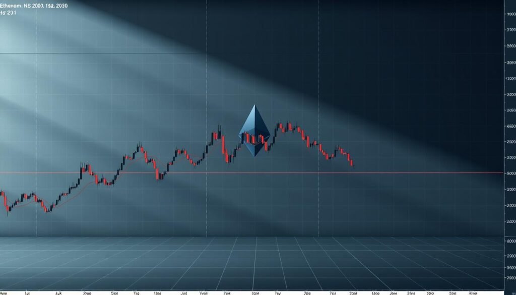 A detailed chart analysis of Ethereum's price action, showcased against a sleek, industrial-style backdrop. In the foreground, a finely-crafted line chart displays ETH's price trajectory, its movements punctuated by clearly defined support and resistance levels. The middle ground features a 3D grid of candlestick data, conveying the high-time-frame structure and potential consolidation zones. In the background, a muted color palette of grays and blues sets a measured, technical tone, accented by subtle grid lines and geometric shapes that hint at Ethereum's underlying blockchain infrastructure. Lighting is crisp and directional, casting dramatic shadows that add depth and dimension. Captured through the lens of a high-quality DSLR camera, the overall image exudes a sense of analytical precision and technical mastery. https://bitcoininvesting.news