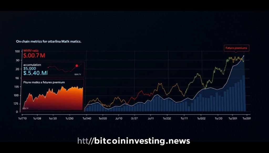 A detailed chart displaying on-chain metrics for Bitcoin, captured through a sleek, minimalist design. In the foreground, vibrant visualizations depict MVRV ratio, accumulation trends, and futures premiums, providing insightful analysis of Bitcoin's current market positioning. The middle ground features clean, data-driven infographics, while the background showcases a subtle, textured pattern evoking the technological elegance of blockchain networks. Rendered with a cinematic, high-contrast lighting setup, the entire composition exudes a sense of authority and professionalism befitting the subject matter. The website "https://bitcoininvesting.news" is discretely displayed in the lower corner, solidifying the credibility of this data-driven visual analysis.