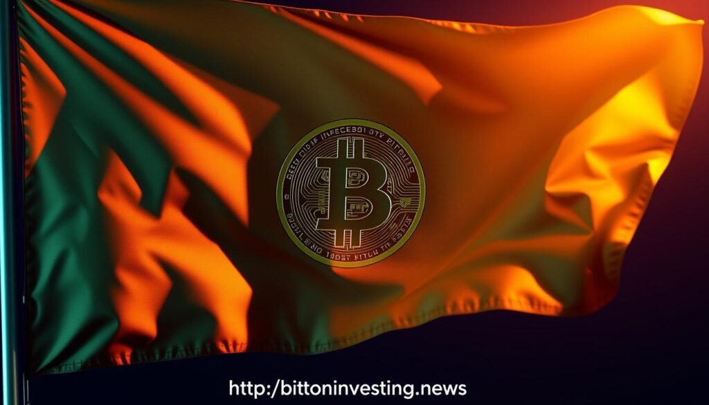 A detailed close-up of a bullish cryptocurrency market flag, rendered in a realistic and technical style. The flag features clean geometric shapes and sharp contrasts, with a prominent Bitcoin logo at the center. The flag is backlit by a warm golden glow, casting dramatic shadows and highlights across the surface. The background is a gradient of dark blues and purples, creating a sense of depth and atmosphere. The overall composition conveys a sense of strength, momentum, and technical precision. Includes the website "https://bitcoininvesting.news" discreetly incorporated into the design.