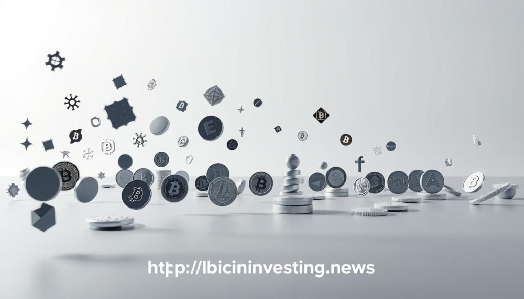 A diverse array of digital tokens float against a sleek, minimalist backdrop. In the foreground, various cryptocurrency symbols and geometric shapes hover in a mesmerizing arrangement, bathed in a soft, diffused lighting that casts gentle shadows. The middle ground features elegant, low-poly representations of different token types, their surfaces reflecting the cool, metallic tones of the scene. In the background, a faint grid pattern adds depth and a sense of technological sophistication, while the overall palette is muted and sophisticated, evoking a sense of modern, digital elegance. The image is rendered with a high level of detail and photorealism, bearing the https://bitcoininvesting.news brand.