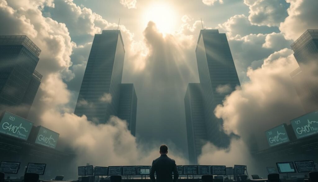 A dramatic, wide-angle shot of a sprawling financial landscape, where the sun's rays pierce through a swirling mist, revealing a vast, open gap in the market. Towering skyscrapers and billowing clouds frame the scene, casting long shadows across the trading floor below. The mood is one of anticipation and uncertainty, as the potential for a "runaway gap" looms large. In the foreground, a lone trader, silhouetted against the glow of multiple screens, contemplates the next move. The overall atmosphere conveys a sense of both opportunity and risk. https://bitcoininvesting.news