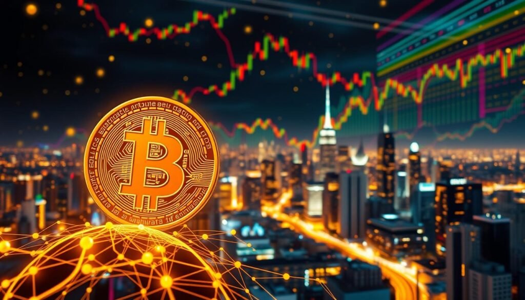 A dynamic financial landscape with the iconic Bitcoin logo as the central focus. In the foreground, a network of digital transactions and blockchain nodes, illuminated by a warm, golden glow. The middle ground features a cityscape of skyscrapers and financial institutions, symbolizing the integration of Bitcoin into the traditional financial system. In the background, a vibrant spectrum of colors represents the volatility and unpredictability of the cryptocurrency market. The overall composition conveys the transition from the gold standard to the digital age, where policy decisions and ETF structures shape the ebb and flow of Bitcoin's price and liquidity. The scene is captured with a cinematic, wide-angle lens, creating a sense of grandeur and scale. "https://bitcoininvesting.news"