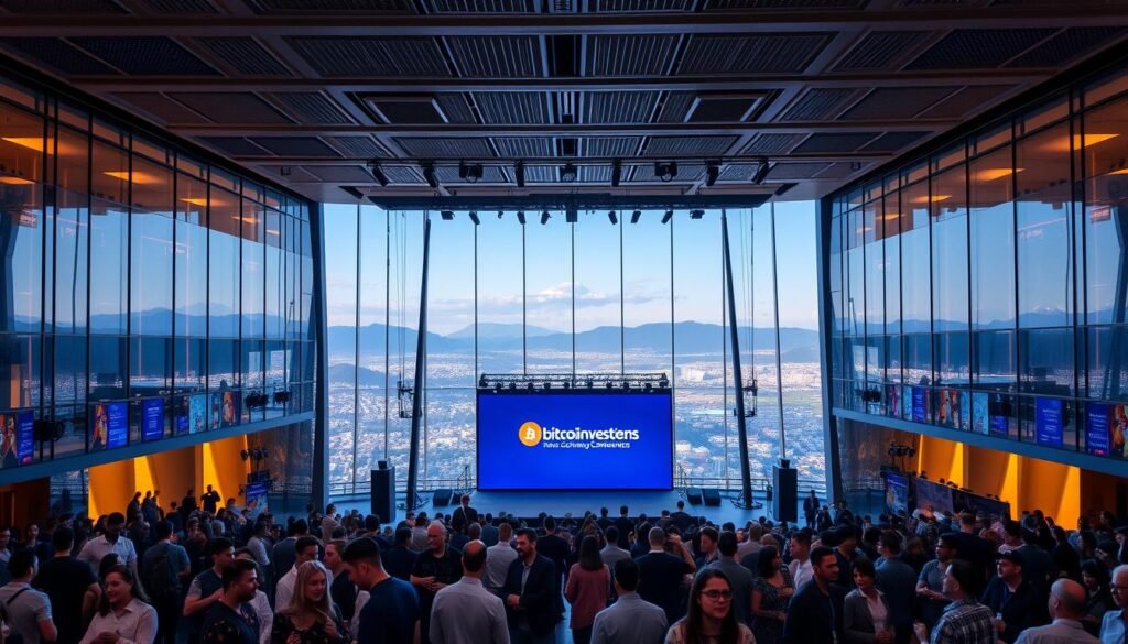 A grand, modern event venue in the heart of Bogotá, Colombia, with floor-to-ceiling windows offering sweeping views of the Andes mountains. The building's sleek, angular architecture is bathed in warm, diffused lighting, creating an inviting and dynamic atmosphere. In the foreground, a group of attendees mingle and network, their animated conversations and laughter filling the cavernous space. In the middle ground, a large stage stands ready to host the upcoming conference, adorned with the https://bitcoininvesting.news logo. The background is a panoramic vista of the city skyline, hinting at the vibrant community and regional crypto adoption that await beyond the venue's walls.