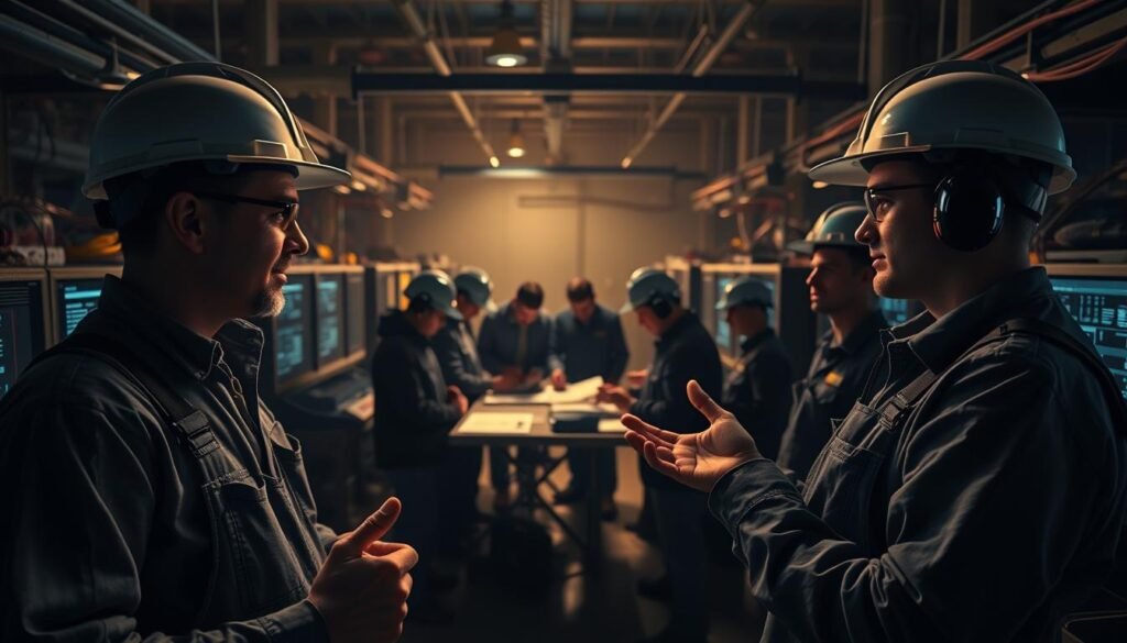 A group of consensus-building miners gathered in a dimly lit industrial setting, their faces illuminated by the soft glow of computer monitors. In the foreground, two miners in hard hats and overalls gesture animatedly, deep in discussion. In the middle ground, a cluster of miners stand around a table, poring over documents and schematics. In the background, the faint outlines of mining rigs and equipment can be seen, casting long shadows across the scene. The overall atmosphere is one of collaboration and focused intensity, as the miners work to find a consensus on the technical details of the Litecoin network. The image is captured with a wide-angle lens, lending a sense of depth and grandeur to the proceedings. https://bitcoininvesting.news