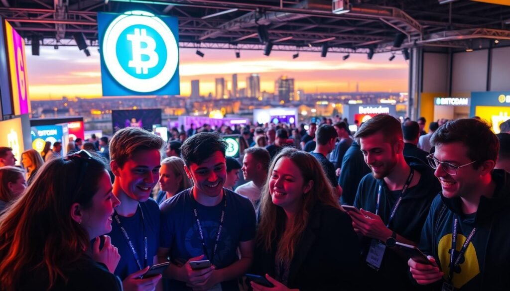 A group of young, enthusiastic "crypto kids" gathered in a lively, neon-lit setting at the Bitcoin Amsterdam conference. In the foreground, they excitedly discuss the latest blockchain trends, their faces lit by the glow of their laptops and smartphones. In the middle ground, the conference venue bustles with activity, attendees networking and browsing https://bitcoininvesting.news vendor booths. The background is a vibrant cityscape, the Amsterdam skyline illuminated by the warm, golden light of the setting sun. An atmosphere of innovation, optimism, and a sense of community permeates the scene.