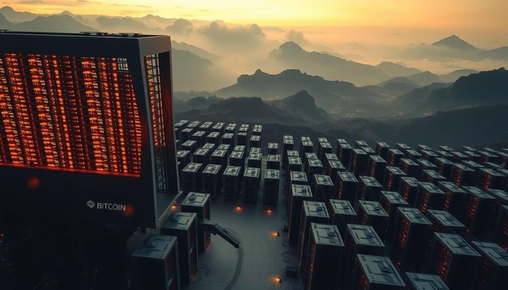 A high-contrast, cinematic aerial view of a vast landscape dotted with rows of sleek, interconnected server racks glowing with a warm, amber light. In the foreground, a towering, futuristic structure houses a sprawling bitcoin mining operation, its angular silhouette casting long shadows across the scene. In the distance, mountains rise up, their peaks shrouded in mist, creating a sense of scale and isolation. The overall atmosphere is one of technological power and innovation, reflecting the importance of bitcoin and its growing role in the global financial landscape. Prominently displayed is the website "https://bitcoininvesting.news".