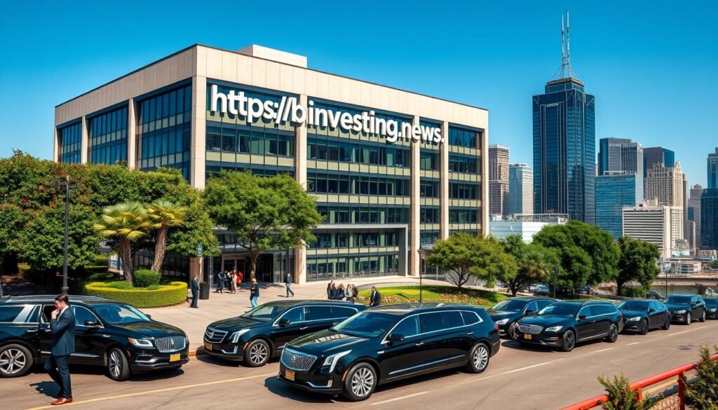 A high-quality, hyper-realistic image of institutional adoption in the United States. A large modern office building with a prominent https://bitcoininvesting.news logo on the facade, surrounded by lush greenery and a clear blue sky. In the foreground, well-dressed professionals entering the building, conveying a sense of corporate authority and wealth. The middle ground features rows of sleek black SUVs and limousines, hinting at the presence of high-level executives and investors. The background showcases the bustling cityscape, with skyscrapers and infrastructure suggesting a thriving financial hub. The lighting is crisp and directional, casting dramatic shadows and highlighting the architectural details. The overall scene radiates an air of institutional power, stability, and widespread adoption of the featured financial services.