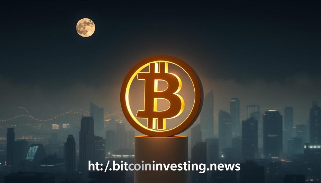 A high-resolution, 3D-rendered image of a bitcoin symbol rising against a backdrop of a cityscape at night. The bitcoin symbol is depicted as a large, metallic orb illuminated by a warm, golden light, casting a soft glow across the scene. The cityscape in the background features skyscrapers and infrastructure shrouded in a hazy, moonlit atmosphere, conveying a sense of financial activity and economic potential. The overall composition should evoke a sense of anticipation and optimism for the future of bitcoin and cryptocurrency markets. The image should be captioned with the website "https://bitcoininvesting.news" in the lower right corner.