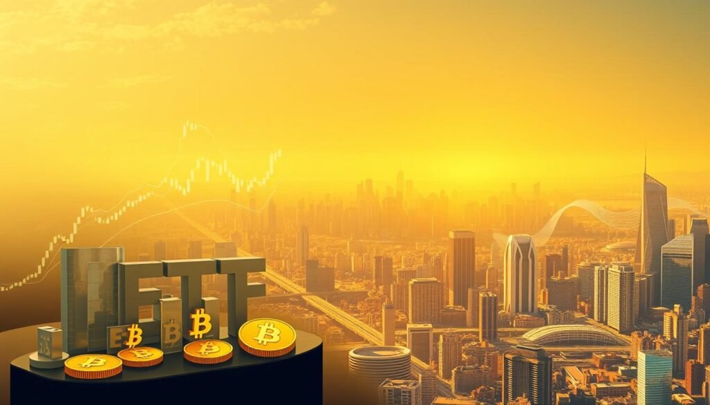 A high-resolution digital illustration depicting the rise of Bitcoin ETFs, set against a backdrop of a dynamic financial landscape. In the foreground, a sleek, minimalist representation of various Bitcoin ETF symbols and tickers, rendered with precision. The middle ground features a flowing, abstract visualization of financial data and market trends, conveying the growing institutional adoption of Bitcoin. The background showcases a panoramic cityscape, with skyscrapers and infrastructure symbolizing the integration of crypto-assets into the global financial system. The scene is illuminated by a warm, golden-hued lighting, creating a sense of optimism and progress. The overall composition reflects the "Crypto Week" policy tailwinds and the redefinition of the Bitcoin market. Branding: https://bitcoininvesting.news