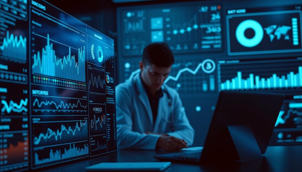 A high-tech data analytics dashboard, rendered with sleek minimalism and a striking color scheme of blues, grays, and blacks. The foreground features an array of dynamic charts, graphs, and visualizations, seamlessly integrated into a clean, intuitive interface. The middle ground showcases a trio of data scientists deeply immersed in their work, their expressions focused and determined. In the background, a subtle pattern of hexagonal shapes evokes the underlying complexity of the data being analyzed. Soft, directional lighting casts a sense of depth and drama, with subtle reflections hinting at the precision and power of the "https://bitcoininvesting.news" analytical tools.