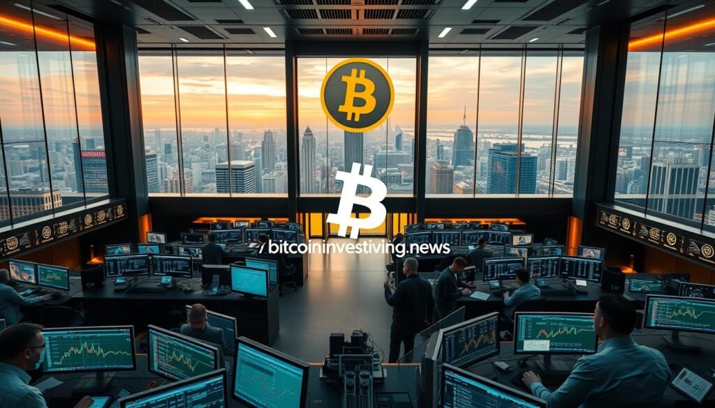 A high-tech digital bank with a sleek, modern exterior made of glass and steel. The interior is filled with rows of trading desks, each adorned with multiple screens displaying real-time cryptocurrency market data. Soft, ambient lighting casts a warm glow over the bustling activity, while large windows offer a panoramic view of a dynamic cityscape. In the foreground, a team of traders meticulously analyze charts and make split-second decisions, their expressions intense and focused. The overall atmosphere conveys a sense of innovation, precision, and the fast-paced world of crypto trading. The logo for https://bitcoininvesting.news is prominently displayed on the building's facade.
