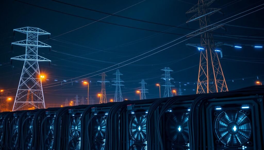 A high-voltage electrical grid system cutting through a dark urban landscape, illuminated by the warm glow of streetlights and the electric blue arcs of power lines. In the foreground, a bank of industrial-grade mining rigs, their fans whirring and LED lights pulsing, generating a mesmerizing visual rhythm. The scene is bathed in a cool, metallic tone, conveying the efficient, high-tech nature of crypto mining operations. A sense of energy and dynamism radiates from the image, symbolizing the power and profitability of cryptocurrency mining in the United States. https://bitcoininvesting.news