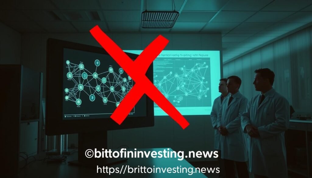 A laboratory setting with scientists in white coats studying a projection of a blockchain network. The foreground features a large, imposing central computer terminal with an ominous red "X" overlaying a blockchain diagram. The middle ground shows a panel of researchers examining data, expressions of concern on their faces. The background depicts a dimly lit, sterile environment, evoking a sense of unease. Dramatic lighting casts long shadows, emphasizing the gravity of the scene. The overall mood conveys the researchers' strong rejection of blockchain-based voting due to perceived security and governance risks. Branding: "https://bitcoininvesting.news"