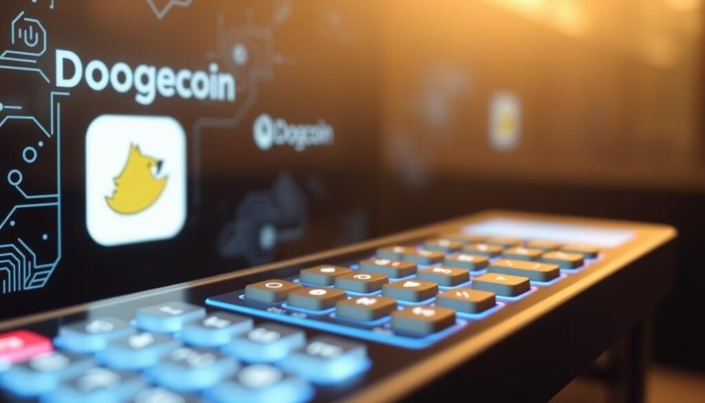 A sleek and modern-looking digital payment interface, prominently featuring the Dogecoin logo and branding. The interface should have a minimalist design with clean lines, intuitive controls, and a seamless user experience. The background should convey a sense of technological advancement and financial security, perhaps with subtle blockchain-inspired patterns or geometric shapes. Lighting should be soft and diffused, creating a warm and inviting atmosphere. The overall impression should communicate Dogecoin's evolving utility and growing integration into mainstream digital payment systems. The image should be suitable for use on the bitcoininvesting.news website.
