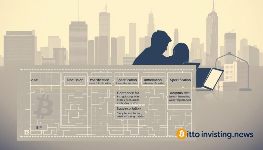 A sleek, modern illustration showcasing the Bitcoin Improvement Proposal (BIP) process. In the foreground, a stylized blueprint diagram outlines the key stages - Idea, Discussion, Specification, Implementation, and Adoption. Mid-ground features a team of blockchain developers collaborating, their faces obscured, focused on laptop screens. The background depicts a cityscape of skyscrapers in a muted color palette, hinting at the global impact of BIPs. Soft, directional lighting casts dramatic shadows, conveying the gravity of the process. Branding for bitcoininvesting.news appears discreetly in the lower right corner.