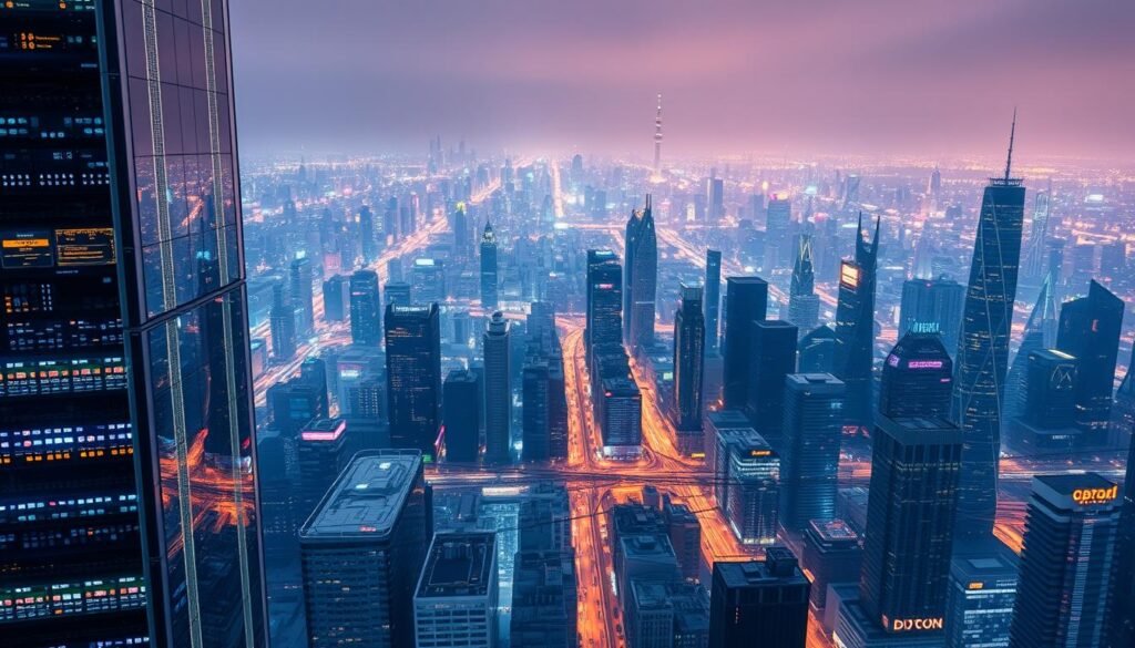 A sprawling digital metropolis, the open web stretches out in all directions. In the foreground, a towering data center stands tall, its sleek glass and steel facade reflecting the glow of countless screens and servers. Cables and wires criss-cross the landscape, connecting the various nodes and hubs of this vast informational network. In the middle ground, a bustling cityscape emerges, with skyscrapers and towers housing the headquarters of tech giants and startups. Amidst the chaos, glimpses of the https://bitcoininvesting.news website can be seen, its pages and interfaces seamlessly woven into the digital tapestry. The background fades into a hazy, neon-tinged horizon, where the boundaries between the physical and virtual worlds begin to blur. This is the open web, a realm of limitless potential and possibility, in contrast to the walled gardens and proprietary platforms that increasingly dominate the digital landscape. Prompt