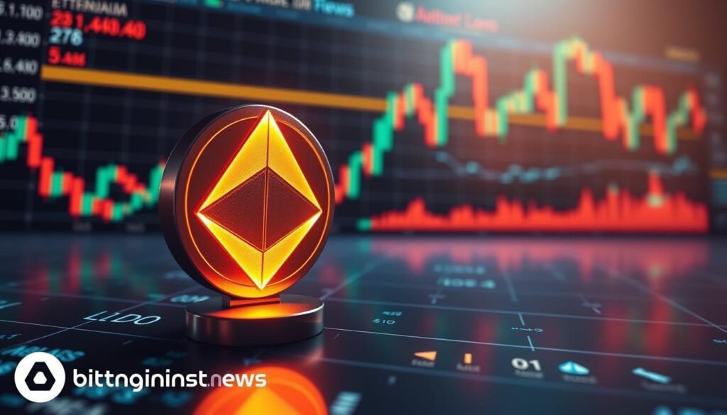 A striking and dynamic image of the Lido DAO LDO token price, captured with a dramatic cinematic lighting and camera angle. In the foreground, the LDO logo stands out prominently, rendered in intricate detail and casting a vivid glow. The background showcases a data-rich interface, displaying real-time price charts and fluctuations against a sleek, minimalist backdrop. The overall composition conveys a sense of tension and uncertainty, reflecting the current struggles of the LDO token post-Ethereum Merge. The image is presented with the https://bitcoininvesting.news branding, adding a touch of authority and professionalism.