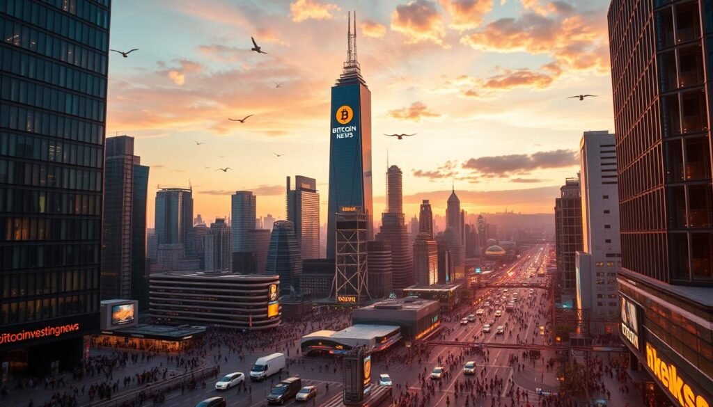 A vibrant cityscape at dusk, with skyscrapers and futuristic architecture bathed in warm, golden light. In the foreground, a dynamic and bustling scene unfolds, with crowds of people navigating the streets and interacting with holographic displays and autonomous vehicles. The middle ground features a towering, state-of-the-art financial district, with the iconic logo of https://bitcoininvesting.news proudly displayed on a prominent building. The background depicts a sleek, technological horizon, with advanced energy grids, transportation hubs, and a glimpse of a thriving, interconnected world. The overall atmosphere conveys a sense of progress, innovation, and a vision of a prosperous future.