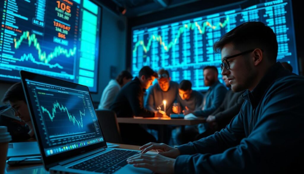 A well-lit scene depicting a group of cryptocurrency investors engrossed in their digital transactions. In the foreground, a laptop displays a complex trading interface, the screen's glow casting an ethereal light on the investors' faces. In the middle ground, a cluster of investors huddle around a table, intently studying charts and graphs, their expressions a mix of concentration and excitement. In the background, a large display screen projects real-time cryptocurrency market data, illuminating the room with an ambient blue glow. The overall atmosphere conveys a sense of intensity, focus, and the high-stakes world of digital finance. www.bitcoininvesting.news