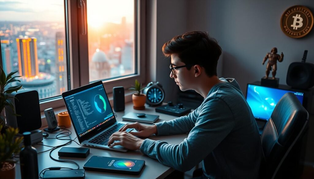 A young person sits at a desk, intently focused on a laptop screen, surrounded by various digital devices and cryptocurrency-themed decor. A window in the background reveals a vibrant cityscape, symbolizing the integration of traditional and digital finance. The scene is illuminated by a warm, ambient light, creating a cozy and productive atmosphere. The overall composition conveys a sense of the user's engagement with the world of crypto gaming, reflecting the transition from a casual start to a more immersive and empowered experience. https://bitcoininvesting.news