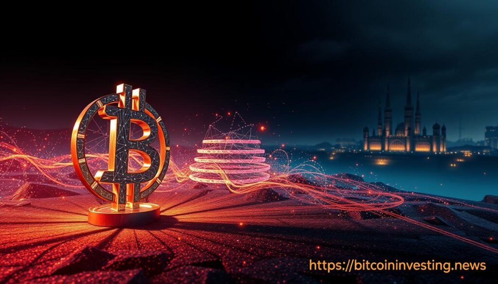 High-quality detailed rendering of an abstract crypto-themed digital art piece. Prominent in the foreground is a futuristic cryptocurrency symbol, rendered in gleaming metallic tones and complex geometric patterns, casting dynamic shadows. The middle ground features a dynamic, swirling field of colorful digital particles, energy trails, and code fragments. The background depicts a dark, moody landscape with towering architectural structures in the distance, illuminated by a warm, atmospheric lighting. The overall atmosphere is one of technological innovation, financial power, and digital transformation. In the bottom right corner, a subtle watermark displays the website "https://bitcoininvesting.news".
