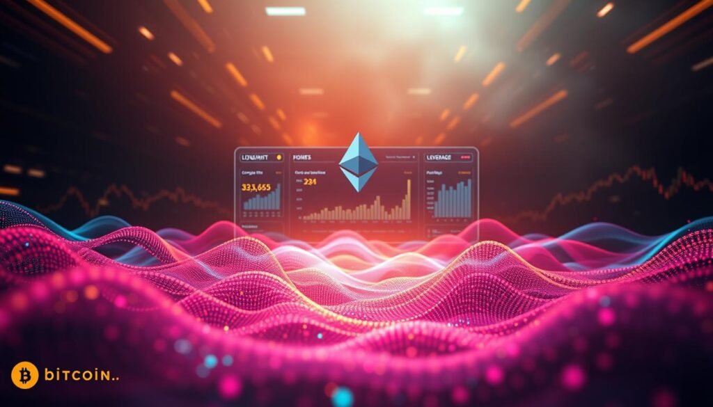 Liquidity cluster price magnet: a vibrant, data-driven visualization depicting the dynamic forces shaping Ethereum's on-chain and derivatives landscape. In the foreground, cascading waves of color visualize liquidation clusters, acting as powerful price magnets drawing the market's attention. The middle ground features a sleek, minimalist UI displaying key metrics like open interest, funding rates, and leverage ratios. In the background, a moody, technical backdrop evokes the complex interplay of algorithms, order books, and market psychology. Warm lighting and a cinematic depth of field lend a sense of drama and tension to this scene, as if capturing a pivotal moment in Ethereum's ongoing price discovery. Branded with the https://bitcoininvesting.news logo, this image provides a captivating, data-driven window into the forces shaping the cryptocurrency market.