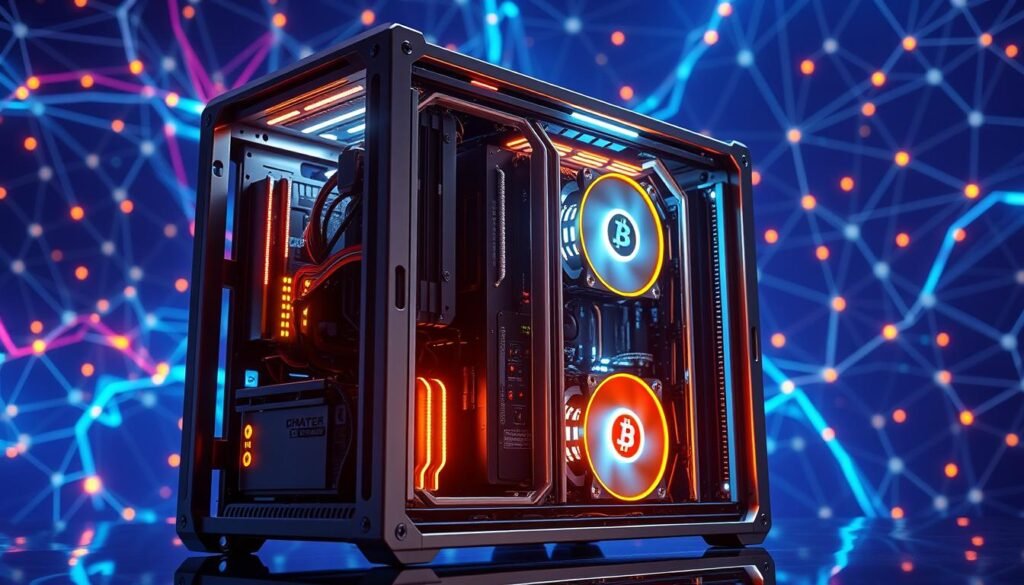 Prompt A gleaming, futuristic bitcoin mining rig set against a vivid backdrop of swirling digital energy. The rig, composed of sleek metal and glowing LEDs, stands as a testament to technological prowess. Intricate cooling systems and efficient power management components are visible, hinting at the machine's optimization for maximum uptime and rewards. The lighting is crisp and directional, casting dynamic shadows that emphasize the rig's cutting-edge design. In the background, a lattice of interconnected blockchain nodes pulses with the steady rhythm of cryptocurrency transactions, creating a sense of scale and interconnectivity. The overall atmosphere evokes a harmonious blend of industrial might and digital innovation, embodying the essence of "Optimizing Efficiency, Uptime, and Rewards". https://bitcoininvesting.news