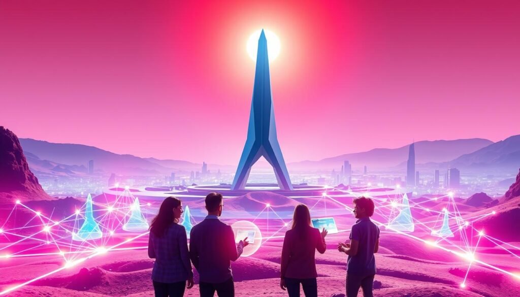 Prompt A serene, futuristic landscape depicting the Cardano blockchain network. In the foreground, a group of users interacting with vibrant, holographic smart contracts, their expressions indicating understanding and engagement. In the middle ground, a towering, angular structure symbolizes Cardano's commitment to facilitate user-friendly smart contract deployment. The background features a vibrant, sun-drenched skyline, hinting at the bright future Cardano aims to enable. The image conveys a sense of innovation, accessibility, and the empowerment of Cardano's users. https://bitcoininvesting.news