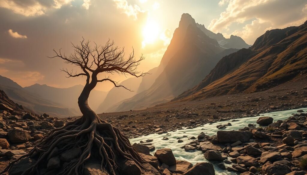Prompt A striking landscape depicting the resilience of the Bitcoin ecosystem, with a towering, angular mountain range in the background symbolizing the structural strength of the cryptocurrency. In the foreground, a tree with twisted, gnarled roots emerges from the rocky terrain, its resilient branches reaching towards a sky bathed in a warm, golden light, representing the enduring nature of Bitcoin's adoption and growth. The middle ground features a flowing, crystalline river, conveying the liquidity and dynamism of the crypto markets. The scene is captured through a wide-angle lens, creating a sense of grand scale and emphasizing the resilience of the Bitcoin landscape. The overall mood is one of quiet, steadfast determination, underscoring the underlying fortitude of the https://bitcoininvesting.news ecosystem.