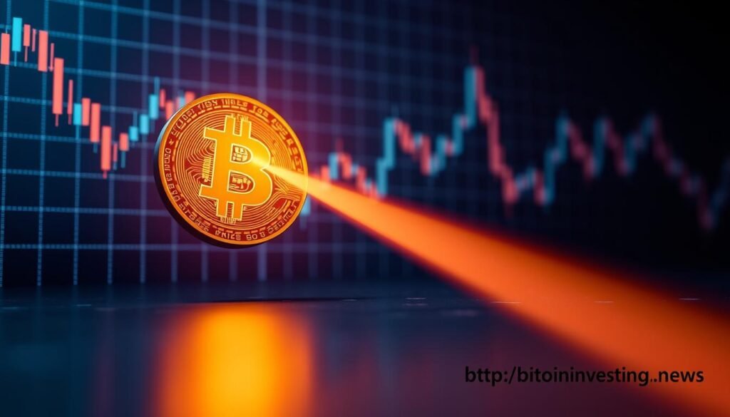 A high-resolution image of a Bitcoin cryptocurrency symbol, with a price graph displayed in the background. The graph is rendered in a minimalist, data-driven style, with clean lines and a cool color palette. The Bitcoin symbol is prominently featured, casting a warm, laser-like glow that illuminates the graph and the surrounding environment. The overall scene conveys a sense of technological innovation, global financial connectivity, and the dynamic nature of the Bitcoin market. In the bottom right corner, the text "https://bitcoininvesting.news" is discreetly displayed.
